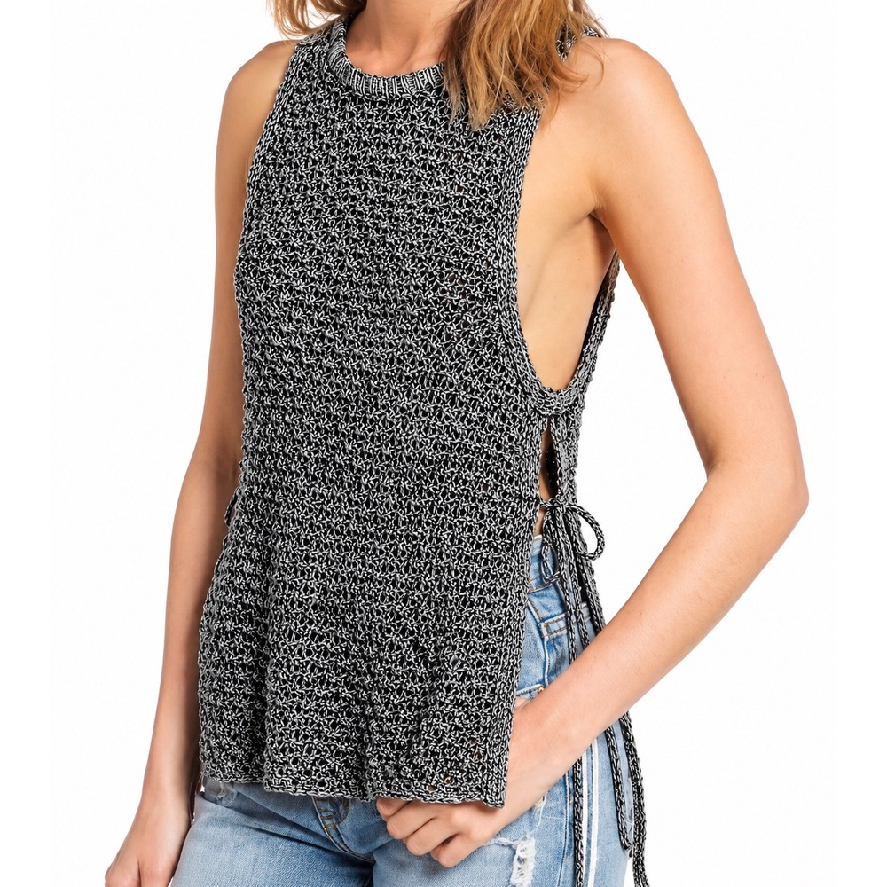 NWT Rails Ashton Open Knit Sleeveless Top Marled Grey Side Tie Relaxed Fit S